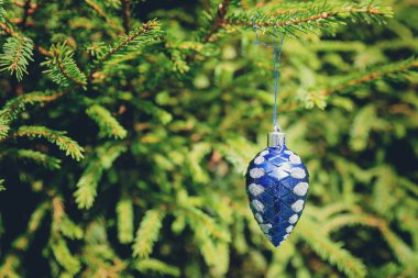 Noel Ağacı Dekorasyonu. Çam dalı ile Noel topu. Yeşilçam dalları ve mavi Noel topu. Mutlu yıllar, kış tatilleri. Yılbaşı bir noel topu ile yeni yıl baubles.ladin şube
