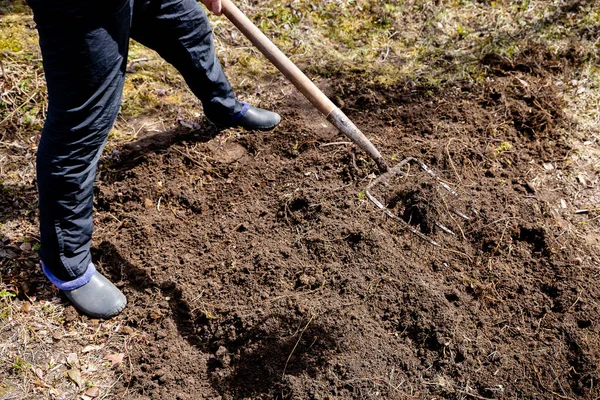 Rolnik Pracujący Ogrodzie Wiosną Organiczne Nawożenie Trawy Przygotowanie Ogrodu Kopania — Zdjęcie stockowe