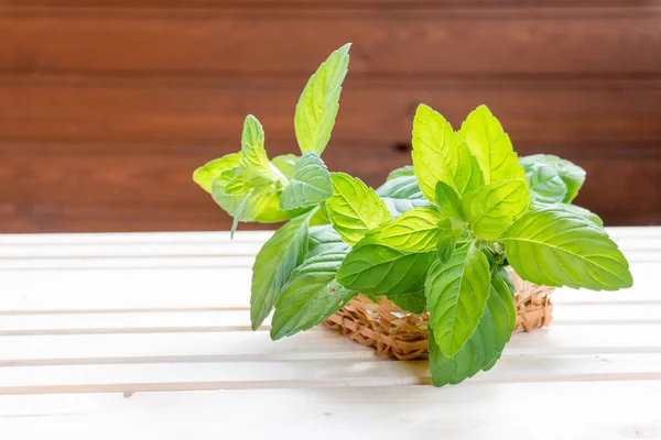 Bundel dari tombak segar mint terisolasi di background.Green mint daun bunch.peppermint dalam mangkuk, daun herbal di atas meja kayu. — Stok Foto