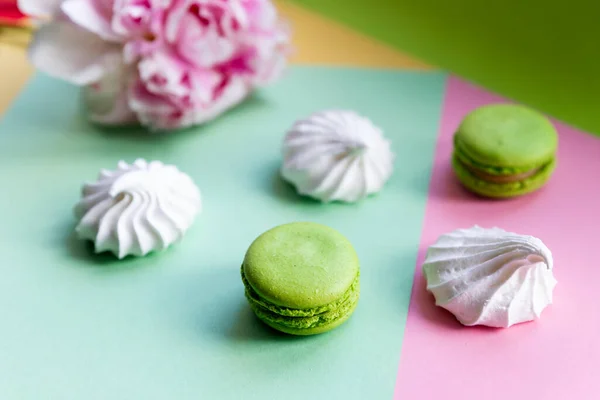 A french sweet delicacy, colorful macaroons variety closeup with flowers on white backround. Tasty macaroon colourful texture. — Stock Photo, Image