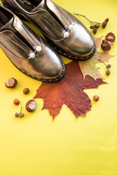Осінній вигляд з блискучими черевиками на жовтому тлі. концепція Осінь, модна композиція. Випадкові черевики з опалим листям. концепція осіннього сезону. стильні кросівки з перлами. жіноче взуття. Простір копіювання — стокове фото