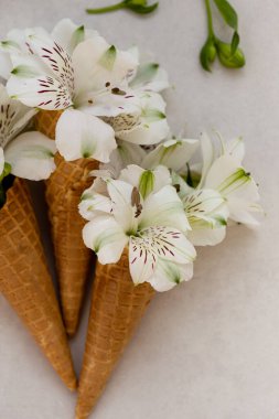 Bahar ya da yaz konsepti. Dondurmalı çöreğin içinde çiçekler.