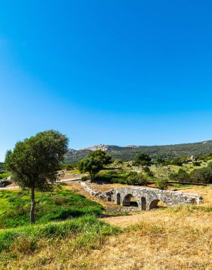 Bolonia, Ispanya 'da bulunan tepelerin bir zemin ile antik Roma Köprüsü Harabeleri 