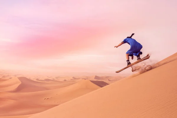 Back View Sandboarder Dressed Touareg Gandoura Performing Jump Trick While — Stock Photo, Image