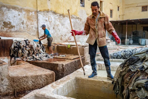 Lavoratori Che Lavorano Duramente Nella Vecchia Conceria Fes Marocco — Foto Stock