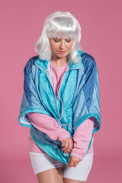 Young Woman Retro Clothes Listening Music Dancing Pink Background Studio Stock Photo