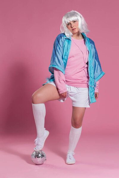 Young Woman Retro Clothes Listening Music Dancing Pink Background Studio Stock Photo
