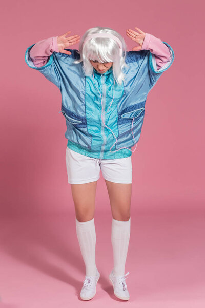 Young Woman Retro Clothes Listening Music Dancing Pink Background Studio Stock Picture
