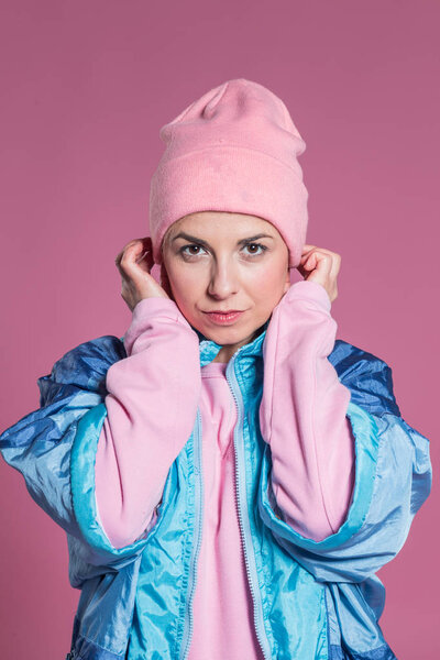 Young Woman Retro Clothes Listening Music Dancing Pink Background Studio Royalty Free Stock Photos