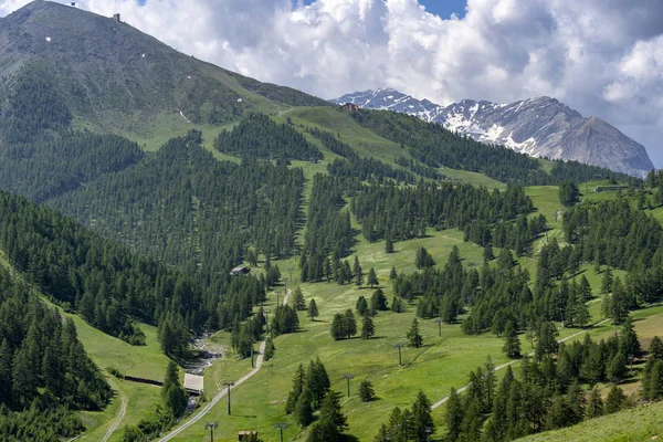 Vale Chisone Paisagem Montanhosa Longo Estrada Para Sestriere Turim Piemonte — Fotografia de Stock