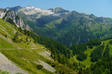 Yaz mevsiminde İtalya 'nın Lombardiya bölgesindeki Brescia eyaletinde Crocedomini geçidi boyunca uzanan dağ manzarası..