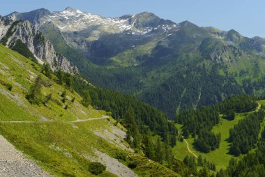 Yaz mevsiminde İtalya 'nın Lombardiya bölgesindeki Brescia eyaletinde Crocedomini geçidi boyunca uzanan dağ manzarası..