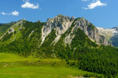 Yaz mevsiminde İtalya 'nın Lombardiya bölgesindeki Brescia eyaletinde Crocedomini geçidi boyunca uzanan dağ manzarası..