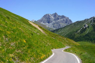Yaz mevsiminde İtalya 'nın Lombardiya bölgesindeki Brescia eyaletinde Crocedomini geçidi boyunca uzanan dağ manzarası..