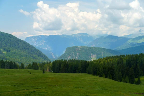 Paisagem Montanhosa Dolomitas Verão Longo Estrada Para Rolle Pass Trento — Fotografia de Stock