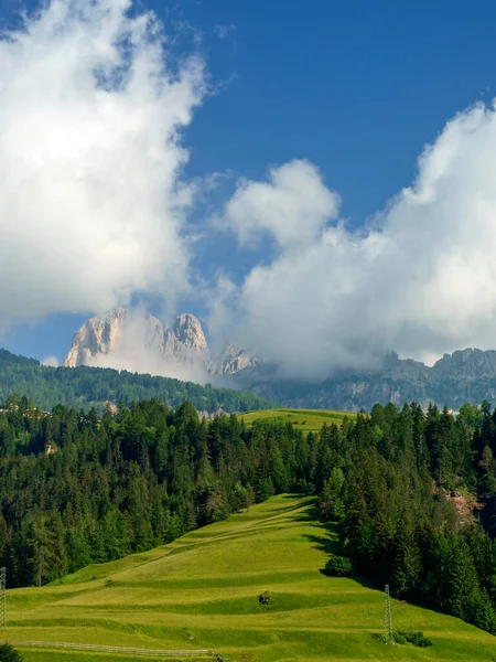 Moena 'dan Canazei' ye, Trento 'ya, Trentino Alto Adige, İtalya' ya, Fassa Vadisi 'nin bisiklet yolu boyunca yaz aylarında Dolomitlerin dağ manzarası