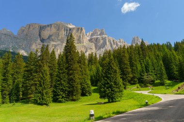 Yazın Pordoi geçidi boyunca uzanan dağ manzarası, Dolomitler, Trentino Alto Adige, İtalya