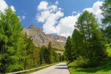 Yazın Pordoi geçidi boyunca uzanan dağ manzarası, Dolomitler, Trentino Alto Adige, İtalya