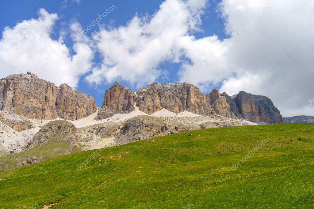 Mountain landscape at summer along the road to Pordoi pass, Dolomites, Trentino Alto Adige, Italy