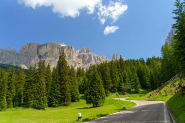 Yazın Pordoi geçidi boyunca uzanan dağ manzarası, Dolomitler, Trentino Alto Adige, İtalya