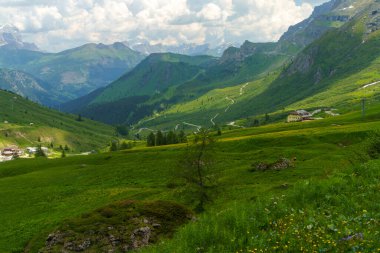 Yaz aylarında Pordoi geçidi boyunca uzanan dağ manzarası, Dolomites, Belluno ili, Veneto, İtalya