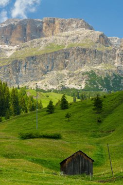Yaz aylarında Pordoi geçidi boyunca uzanan dağ manzarası, Dolomites, Belluno ili, Veneto, İtalya