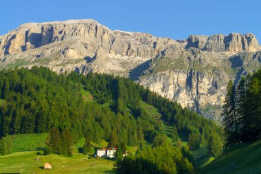 Dolomites, Belluno ili, Veneto, İtalya 'nın Arapba köyünden yaz mevsiminde dağ manzarası.