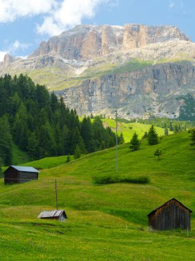 Yaz aylarında Pordoi geçidi boyunca uzanan dağ manzarası, Dolomites, Belluno ili, Veneto, İtalya