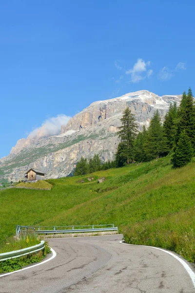 Paisagem Montanhosa Verão Longo Estrada Para Campolongo Pass Dolomitas Província — Fotografia de Stock