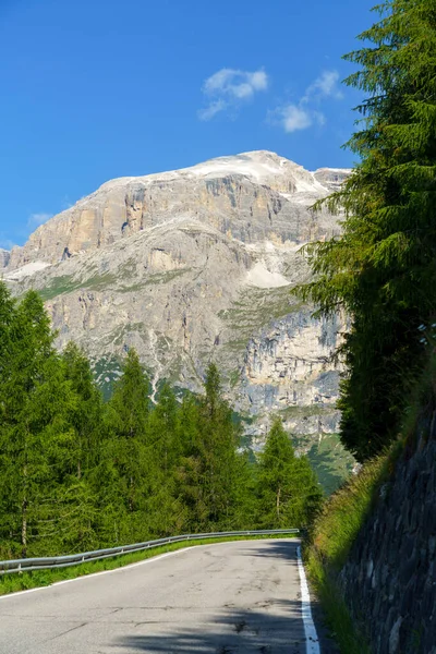 Paisagem Montanhosa Verão Longo Estrada Para Campolongo Pass Dolomitas Província — Fotografia de Stock