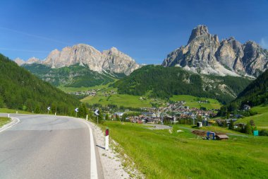 Yaz aylarında Campolongo geçidi boyunca uzanan dağ manzarası, Dolomites, Bolzano ili, Trentino Alto Adige, İtalya