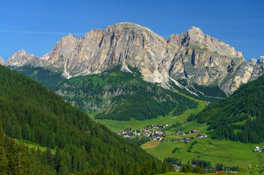 Yaz aylarında Campolongo geçidi boyunca uzanan dağ manzarası, Dolomites, Bolzano ili, Trentino Alto Adige, İtalya