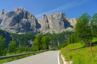 Yaz aylarında Gardena geçidi boyunca uzanan dağ manzarası, Dolomites, Bolzano ili, Trentino Alto Adige, İtalya