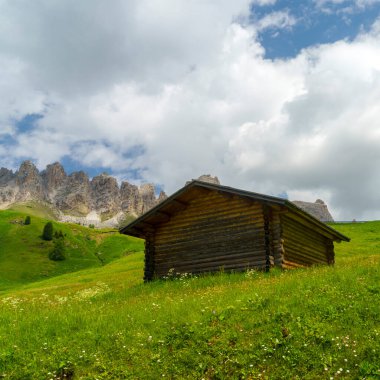 Yaz aylarında Gardena geçidi boyunca uzanan dağ manzarası, Dolomites, Bolzano ili, Trentino Alto Adige, İtalya