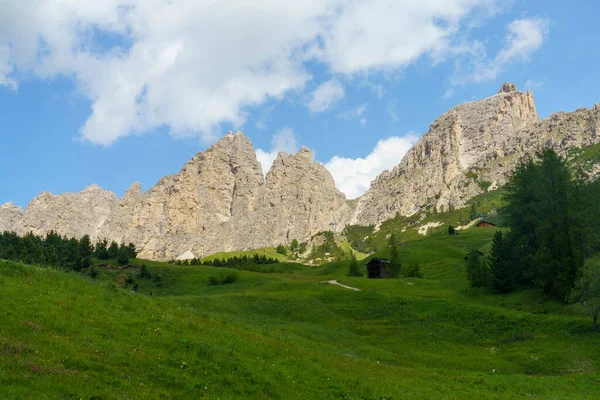 Paisaje Montaña Verano Largo Del Camino Paso Gardena Dolomitas Provincia — Foto de Stock