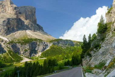 Yaz aylarında Gardena geçidi boyunca uzanan dağ manzarası, Dolomites, Bolzano ili, Trentino Alto Adige, İtalya