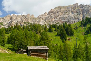 Yaz aylarında Gardena geçidi boyunca uzanan dağ manzarası, Dolomites, Bolzano ili, Trentino Alto Adige, İtalya