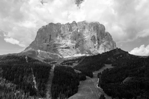 Mountain landscape at summer along the road to Sella pass, Dolomites, Bolzano province, Trentino Alto Adige, Italy. Black and white