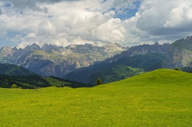 Yaz aylarında Sella geçidi boyunca dağ manzarası, Dolomites, Bolzano ili, Trentino Alto Adige, İtalya