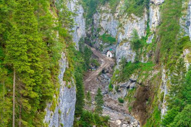 Serrai di Sottoguda Kanyonu, Cadore, Belluno, Veneto, İtalya, Vaia fırtınası tarafından yok edildi.