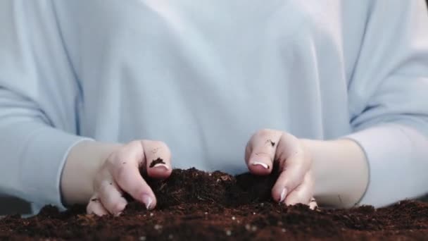 Terra fertile giorno mani toccando compost — Video Stock