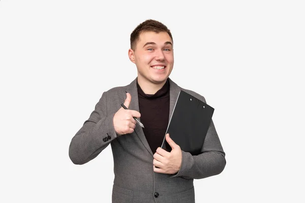 Успешная карьера счастливый бизнесмен палец вверх — стоковое фото