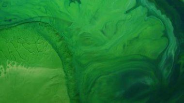 Dökülme yayılıyor. Suyu boya. Odaklanmamış yeşil renk, sıvı akış sıvısı, parlak mürekkep dokusunu soyut modern arkaplan üzerine sıçratır..