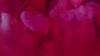 Bulut boyası. Pigment akışı. Odaklanamayan arka planda kırmızı pembe boya patlaması. Canlı sıcak renk esintisi soyut çözünürlüğün sanat sisinde çözünmesi.