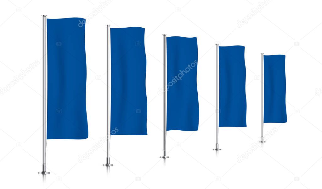 Five blue vertical banner flags, standing in a perspective row. Banner flag templates isolated on background. Vertical flags realistic mockup.