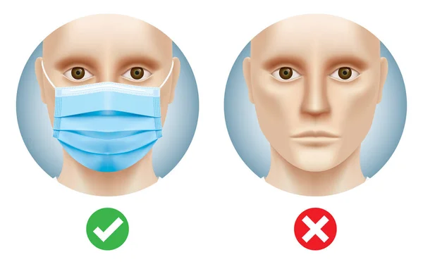 White man with and without a medical face mask. — Stock Vector