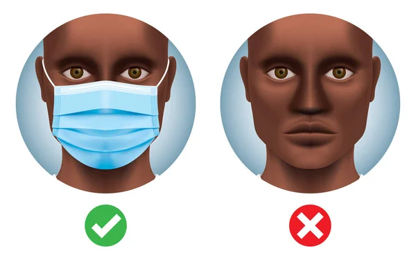 Black man with and without a surgical face mask. — Stock Vector
