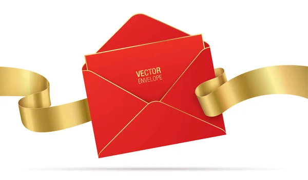 Rode envelop met golvend gouden lint. vector EPS — Stockvector