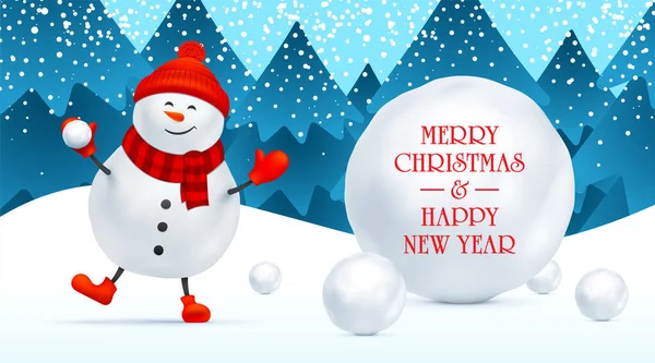 Kardan adam ve kartopu dolu Noel kartı.