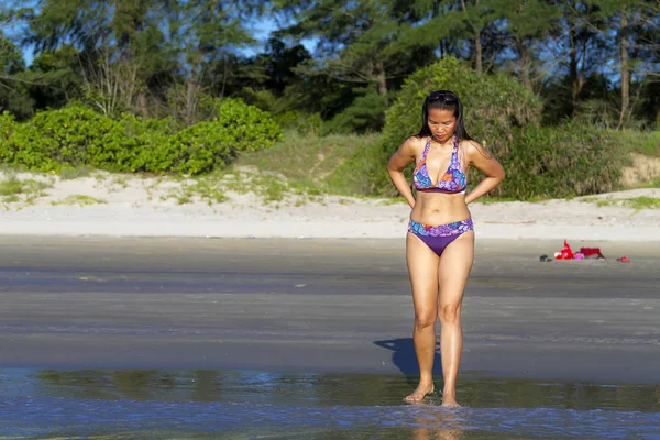 Woman  and bikini relax with sunshine on beach — Stok fotoğraf